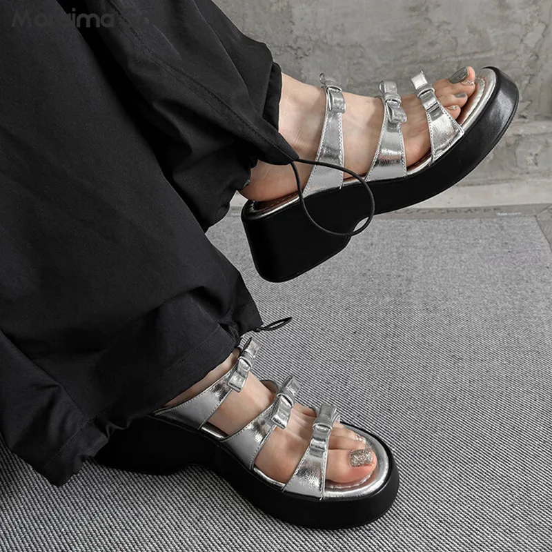 One-Line Bow Thick-Soled Slippers Round Toe Mid-Heeled Shoes Summer Open-Toe Casual Sandals Women's Fashionable Holiday Slippers