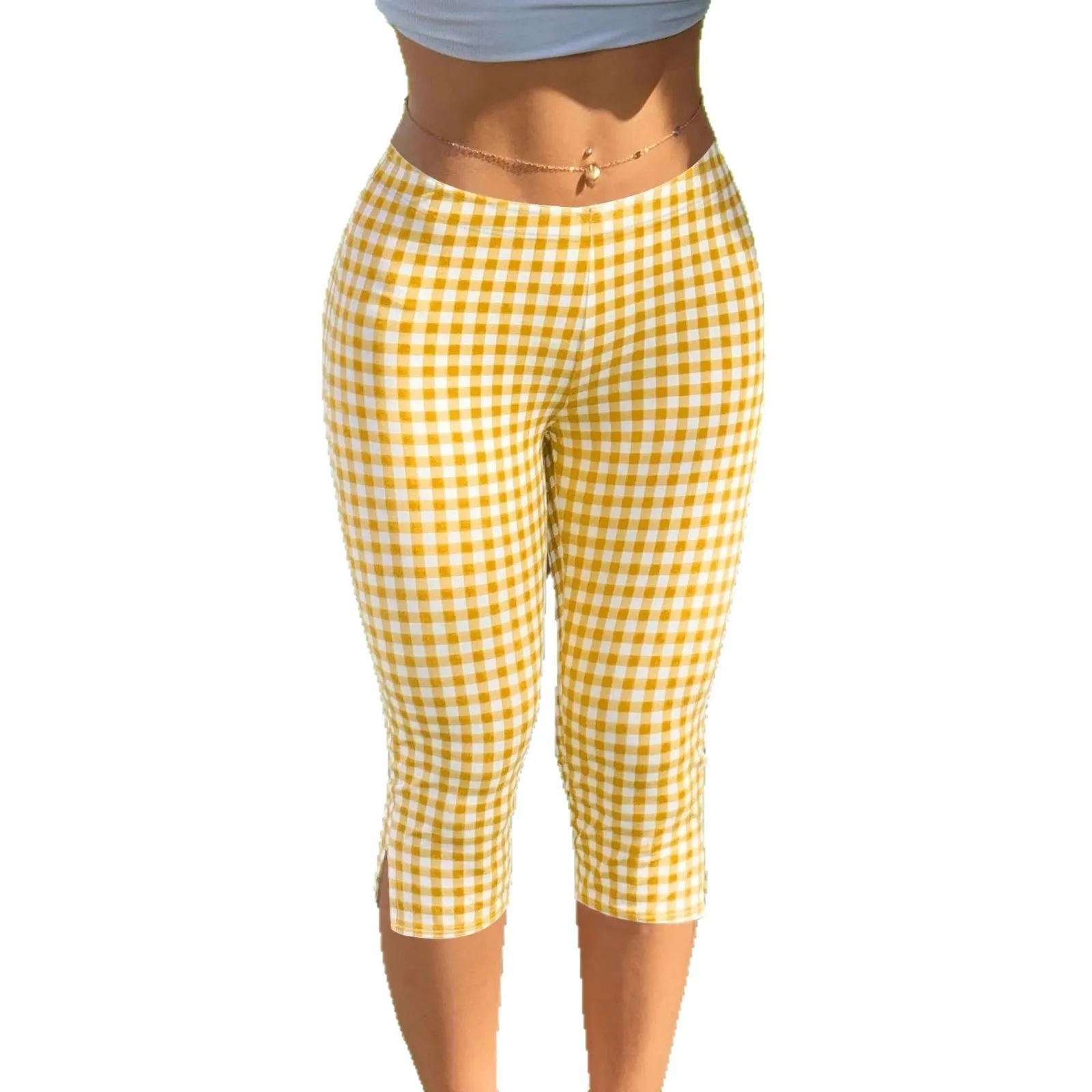 Women Pants Black Slim Fit Side Slit Capris High Waist Solid Color Cropped Pants Y2k Casual Mid Low Rise 7/8 Pants Gray Yellow