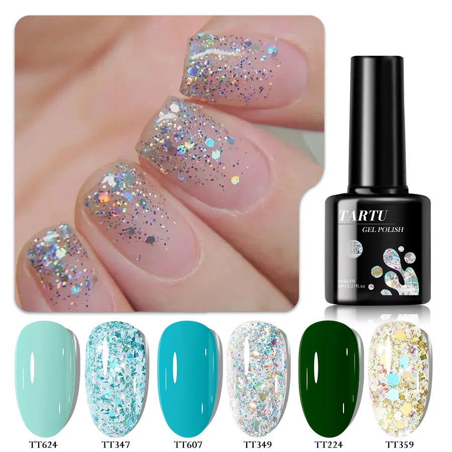 

6-color jelly glitter gel nail polish set in silver, gold, green, white, red, blue, and purple. Moisture-resistant, UV/LED