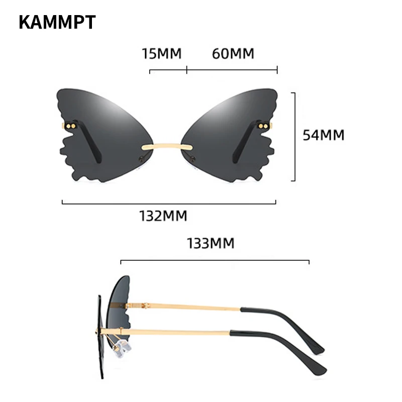 KAMMPT occhiali da sole a forma di farfalla senza montatura moda donna lenti oceaniche sfumature per feste Ins occhiali da sole di Design di marca di lusso alla moda