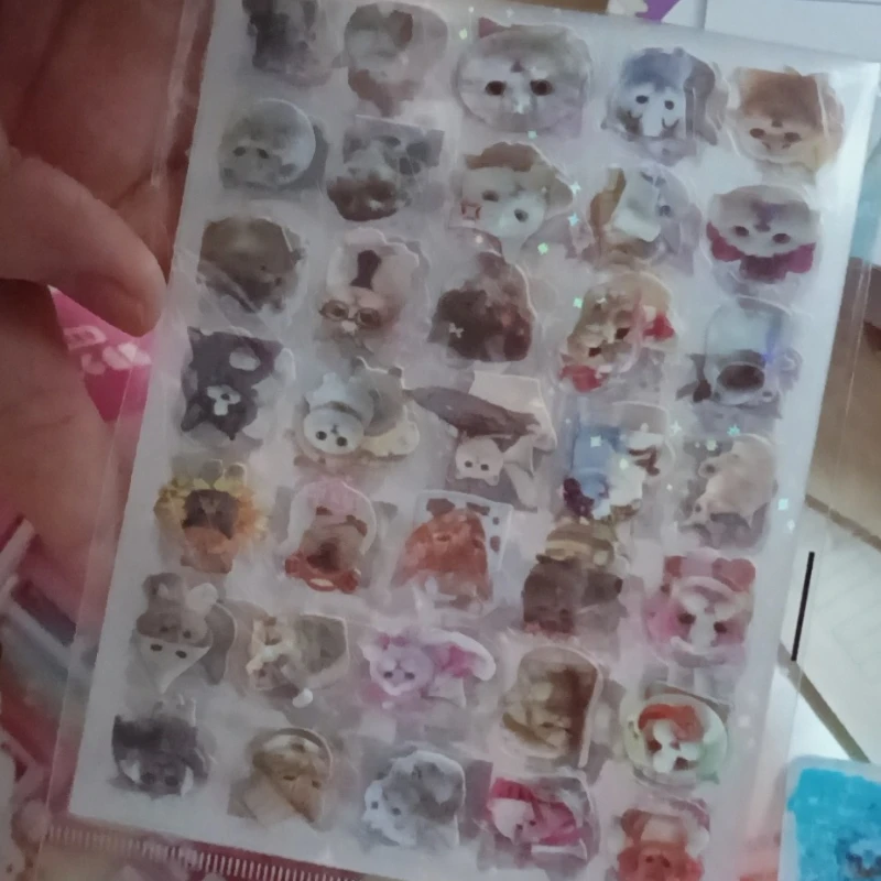 10-шт-милых-водонепроницаемых-полупрозрачных-наклеек-с-кошками-и-лазерным-эффектом-блестящие-из-ПЭТ-для-скрапбукинга-рукоделия-и-декора