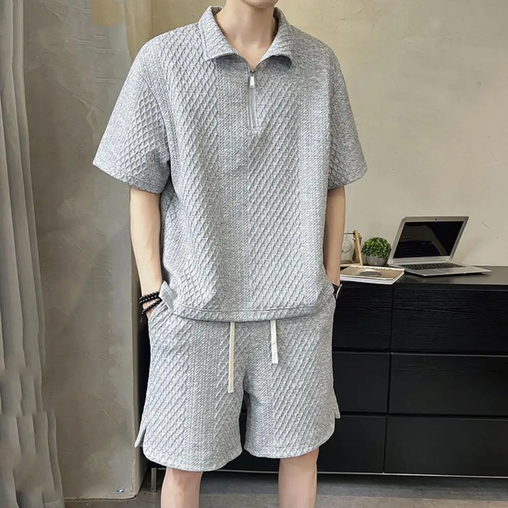 T-shirt Shorts Set Men's Casual Outfit Lapel Zipper T-shirt Elastic Waist Shorts Set Stylish Solid Color Waffle Texture