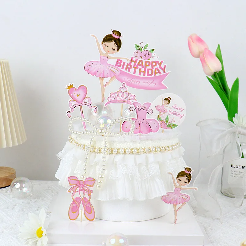 Decoración creativa de pastel de niña bailarina rosa, globo de bola de pelo blanco, adornos para pasteles, decoración de fiesta de cumpleaños de boda, recuerdo para niños, hornear