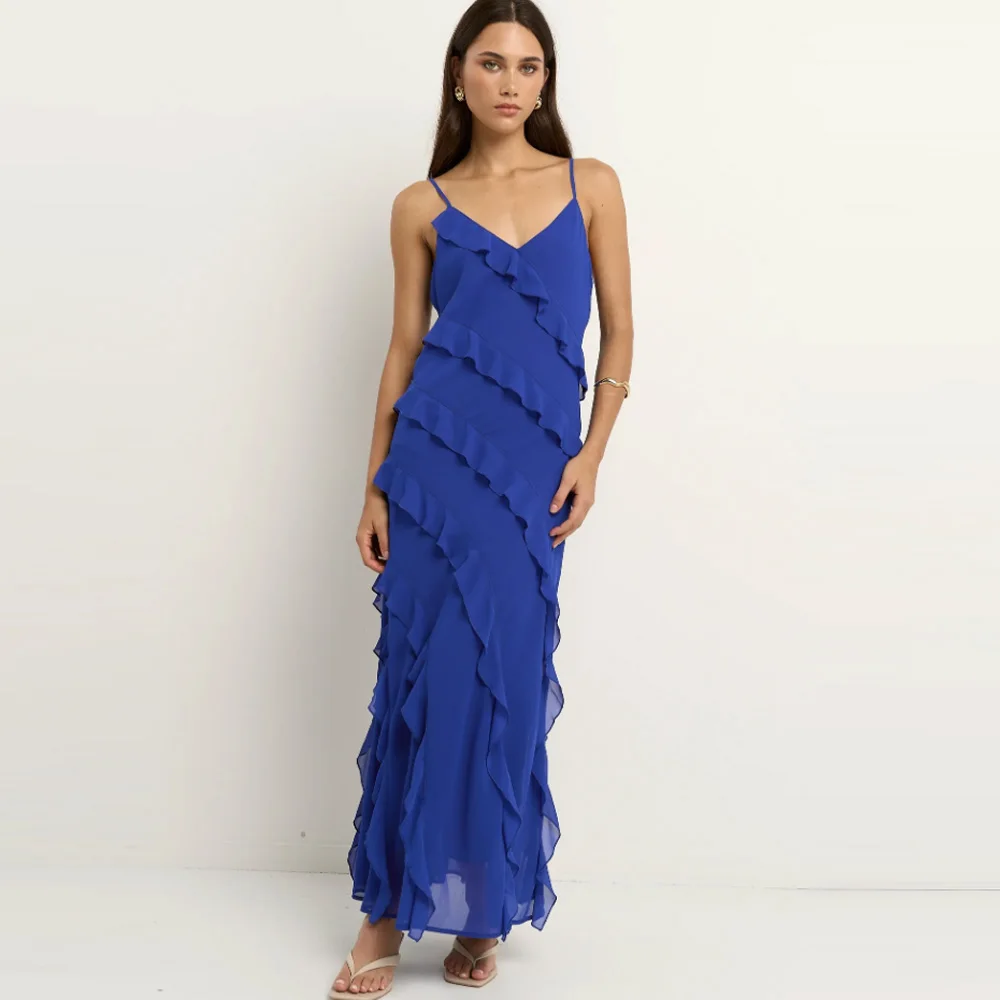 

Womens Sexy Chiffon Halter Maxi Dress Sleeveless Backless Ruffle Tassel Party Club Dresses Customized