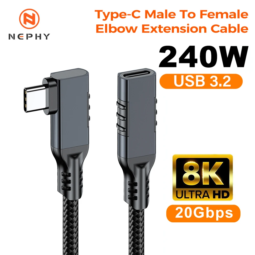 Cable de Extensión USB C en Ángulo, Macho a Hembra, 240W, 20Gbps, Cable de Video 8K para iPhone 15, 16, 17, MacBook Pro, Samsung, Xiaomi Mi, PC, Laptop