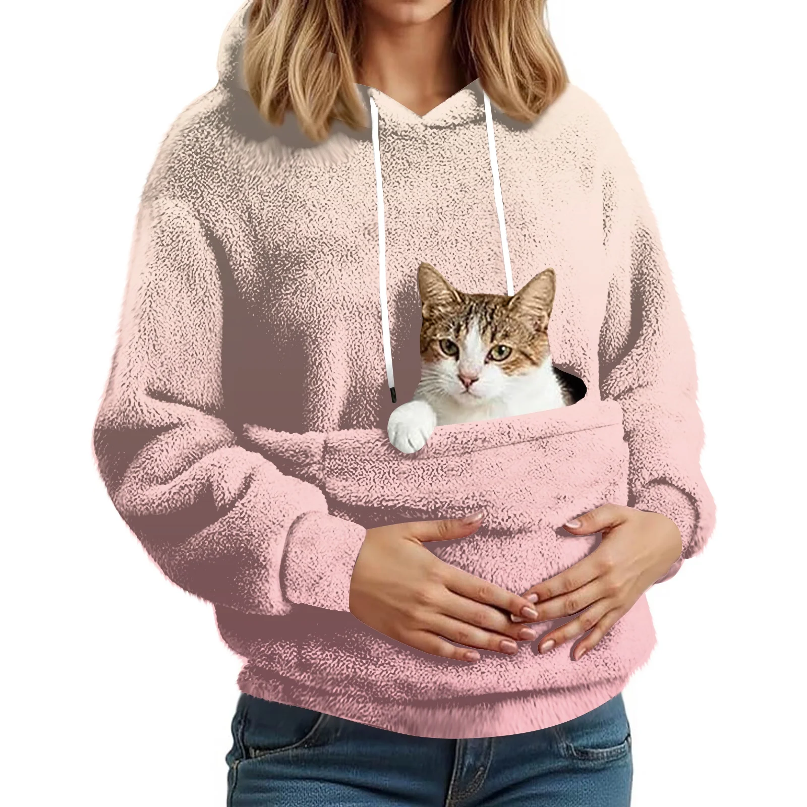 女性のファッショナブルなカジュアルフリース裏地付き長袖ポケット付きフード付きプリントスウェットシャツ女性服冬服女性