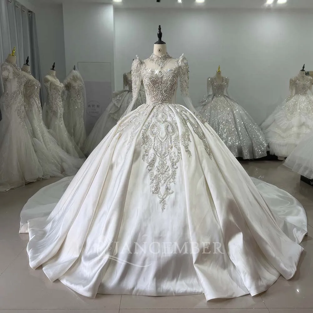 

Customized 2025 High Neck Heavy Pearl Sequins Ball Gown Wedding Dresses Robe De Mariée Full Sleeves Bridal Gown vestido de novia