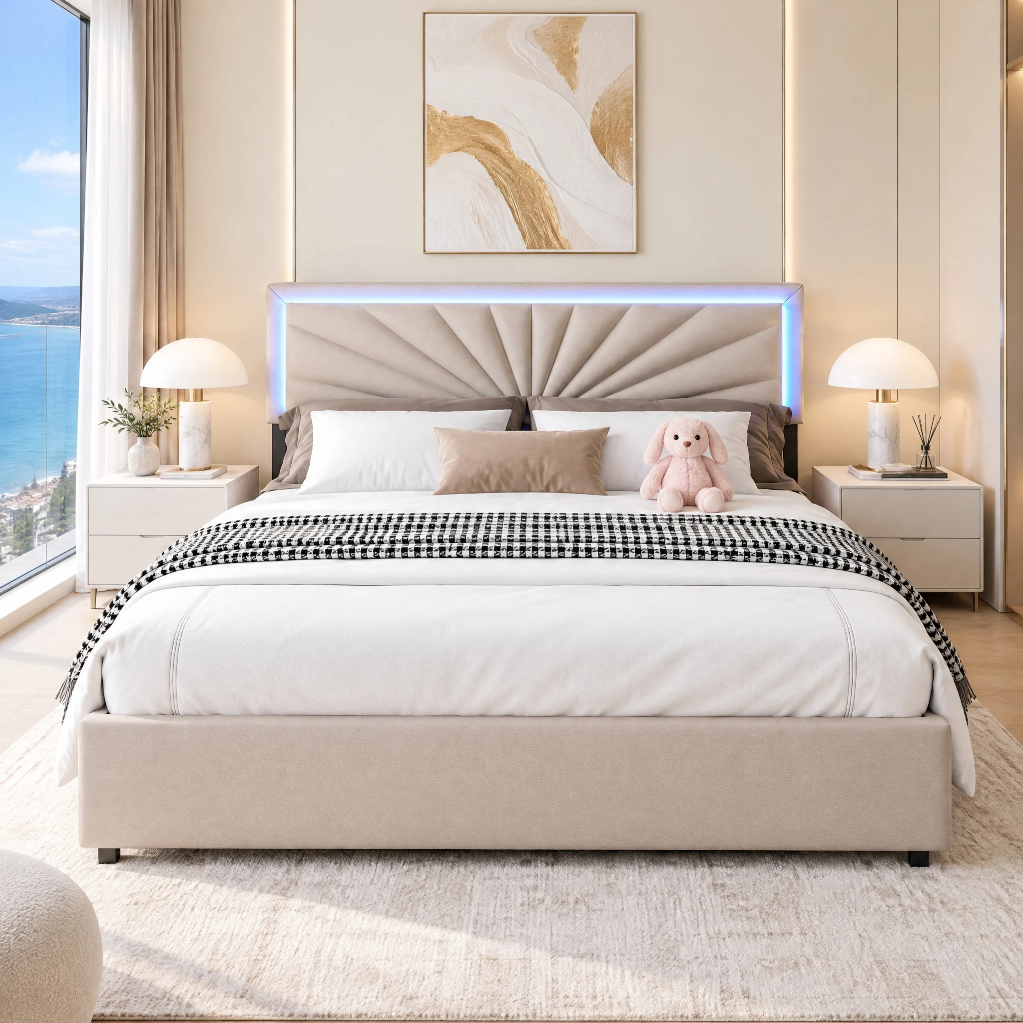 Fangange Doppelbett 160x200 cm mit 4 Schubladen, gepolstertes Bett mit Stauraum, Jugendbett mit Metallgestell und Holzlattenrost, Leinen, Beige, ohne Matratze.