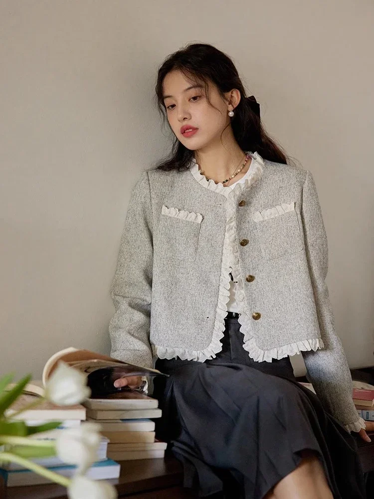 

Sweet Ruffles Women Tweed Jacket Vintage Patchwork Cropped Coat Fall Long Sleeve Female Korean Design Elegant Tops Outwear