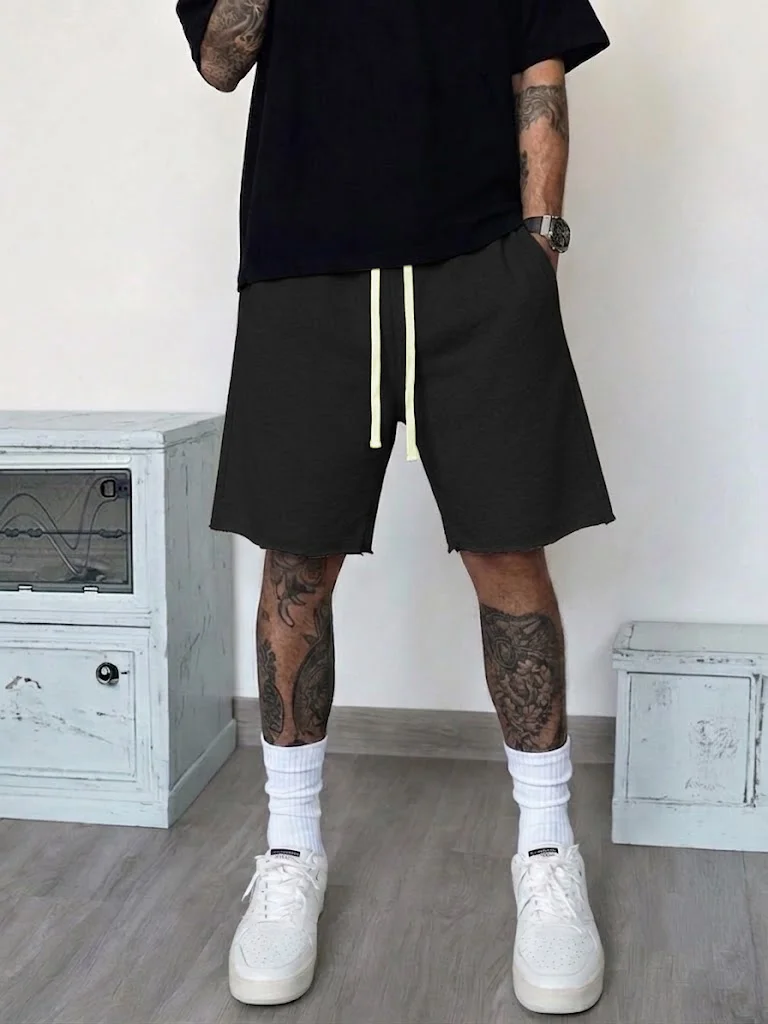 

Men Solid Black Raw Edge Drawstring Sweat Shorts, Elastic Loose Knee Length Daily Street Summer Casual Sport Jogger Shorts