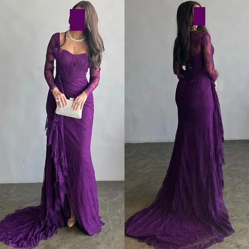 Vestido de noche de sirena clásico púrpura, estilo moderno, tren de barrido de encaje, vestidos de noche formales, vestido de fiesta de graduación personalizado, 2024