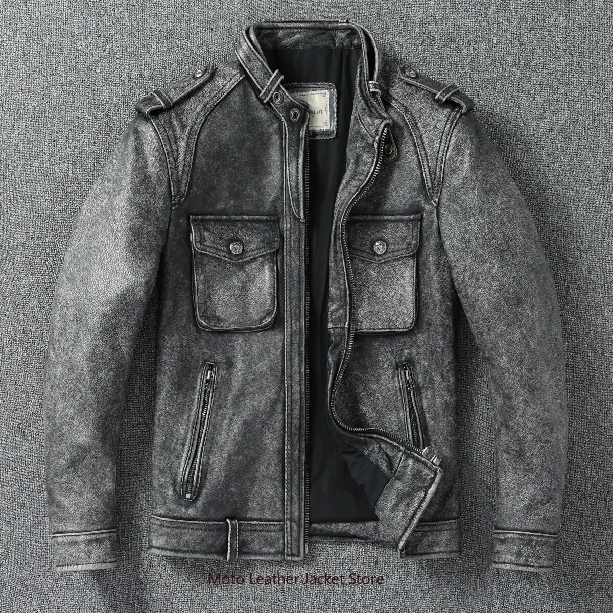 

Amekaji Vintage Gray Distressed Genuine Leather Jacket, Youth Men's Stand Collar Short Pure Cowhide Biker Coat