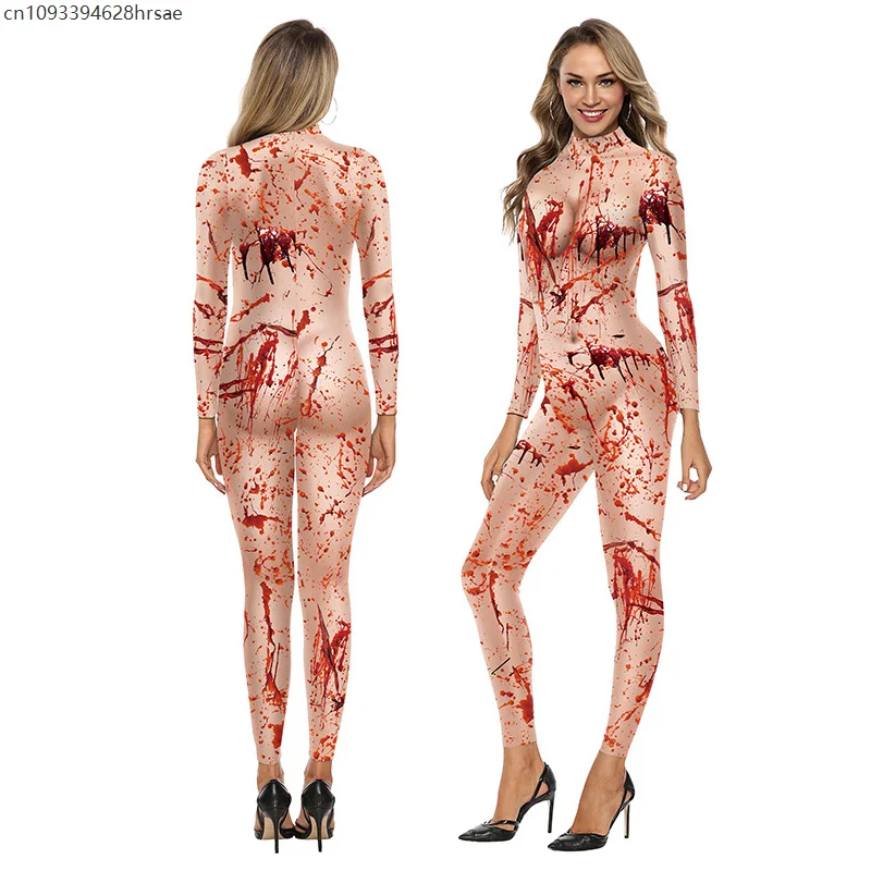 

Halloween Cosplay Horror Bleeding Jumpsuit Women Creepy Bodysuit Costumes Bloodstain Zentai Suit Party Fancy Dress Catsuit