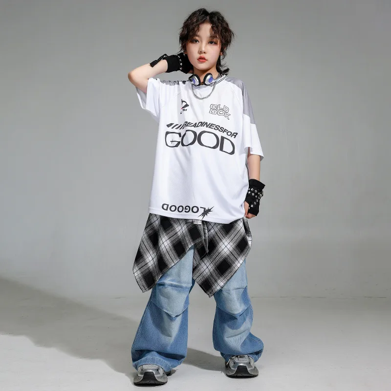 

Kid Hip Hop Clothing White Letters T Shirt Denim Blue Casual Parachute Jeans Baggy Pants for Girl Boy Jazz Dance Costume Clothes