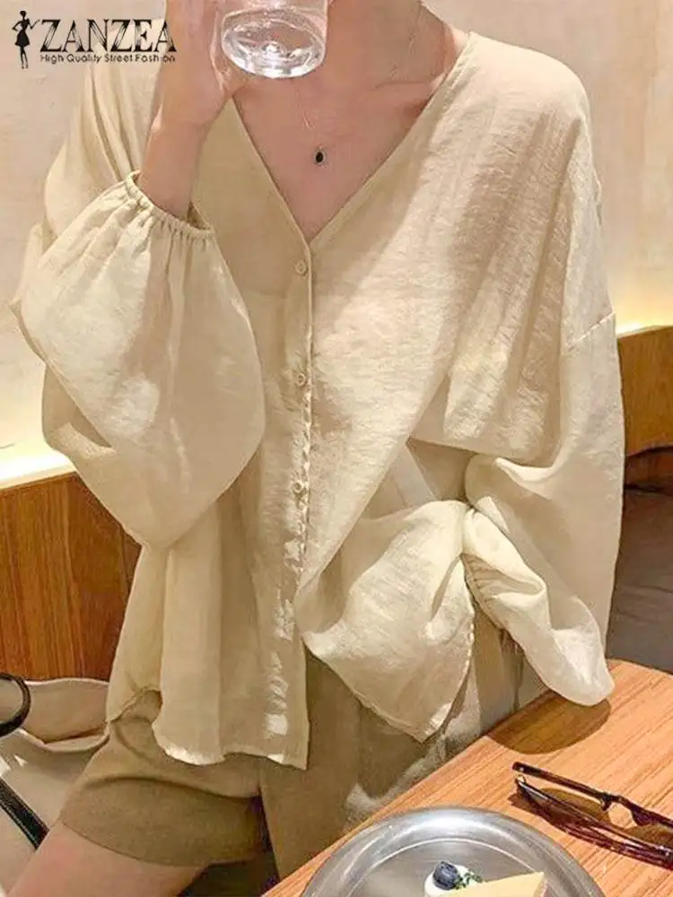 ZANZEA 2024 Summer Harajuku Korean Sheer Blusas Women See Through Blouse Lantern Long Sleeve Shirt Solid V Neck Casual Loose Top