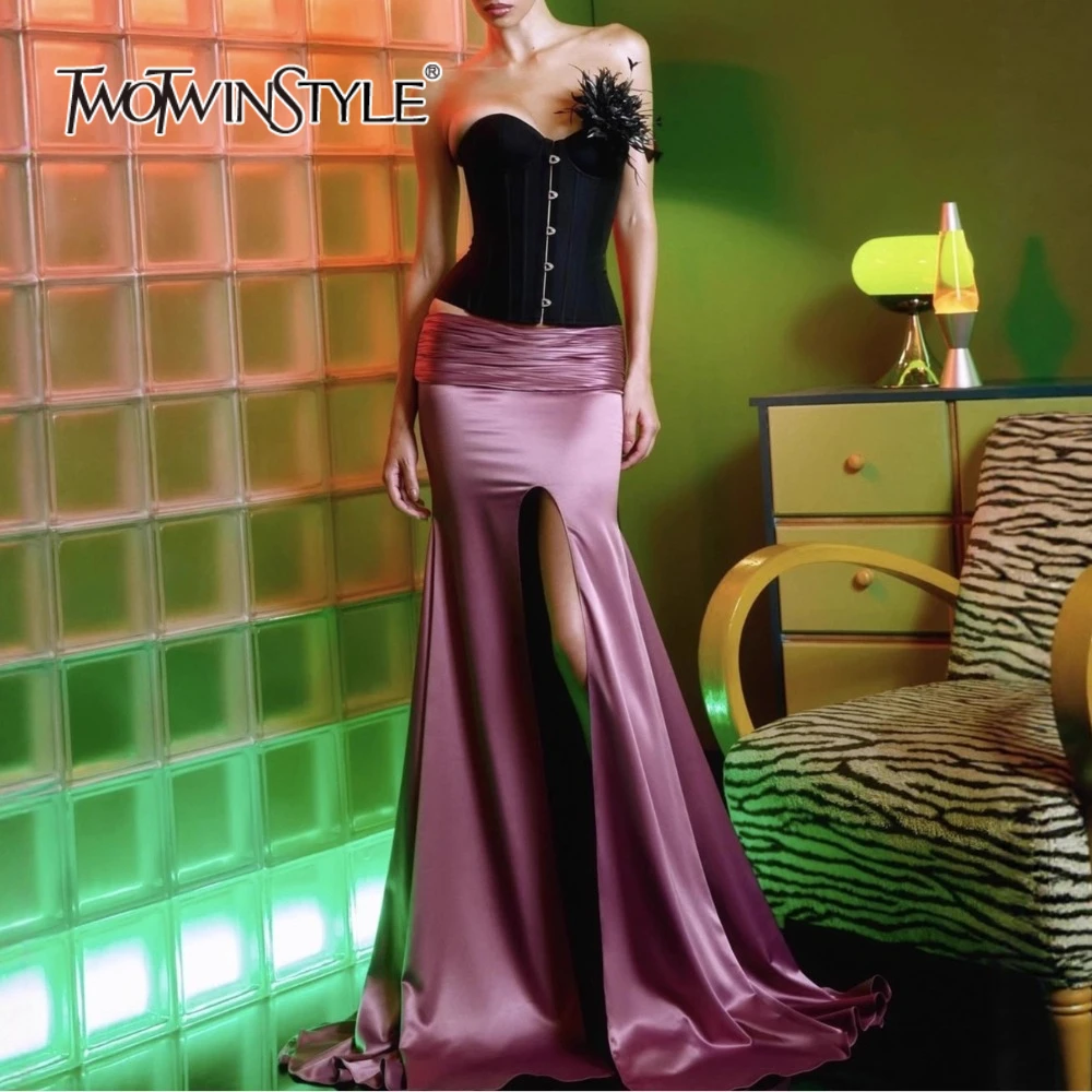 

TWOTWINSTYLE Sexy Two Piece Sets for Women Strapless Sleeveless Tunic Vest Low Waist Split Spliced Folds Long Skirt Set Female