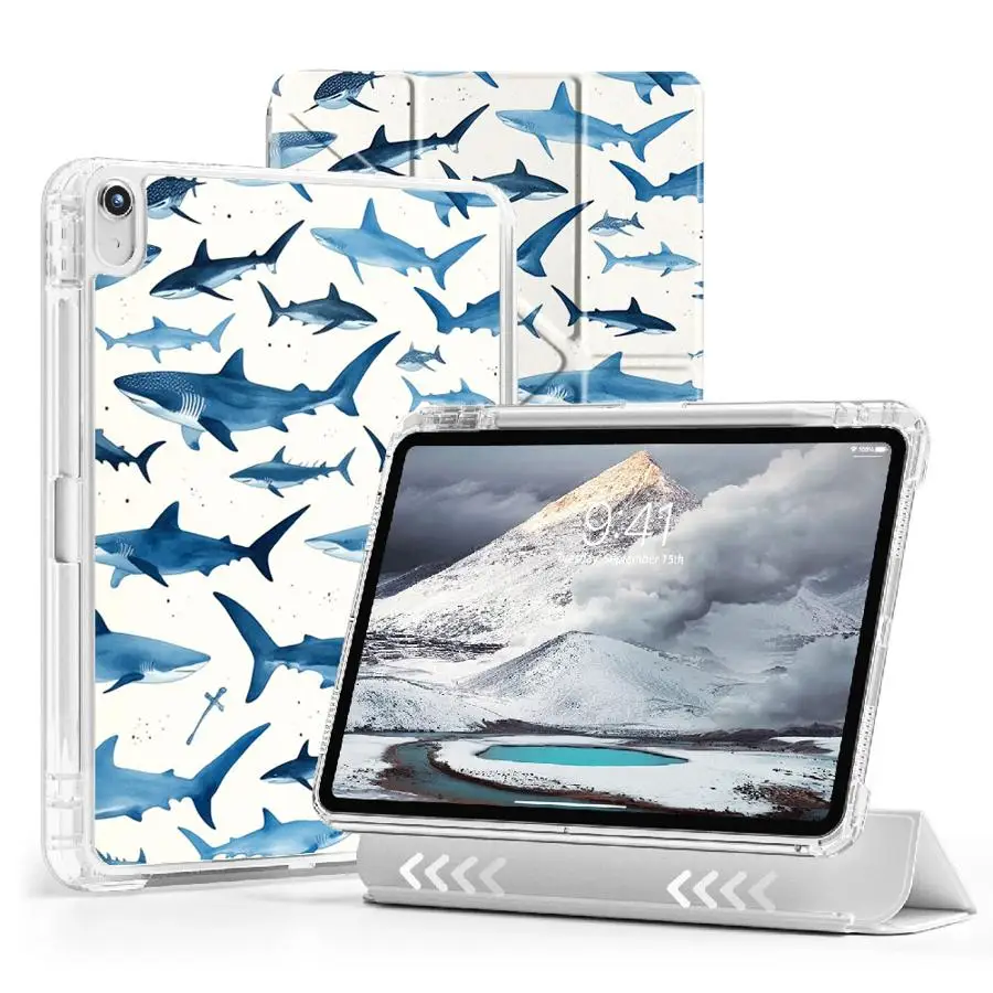 Étui de protection pour tablette iPad Air 4 5 M3 M2 M4 11 pouces Pro 2025 Mini 6 7 11e 10e 9e 8e 7e 12,9 pouces Y-Fold Cartoon Shark
