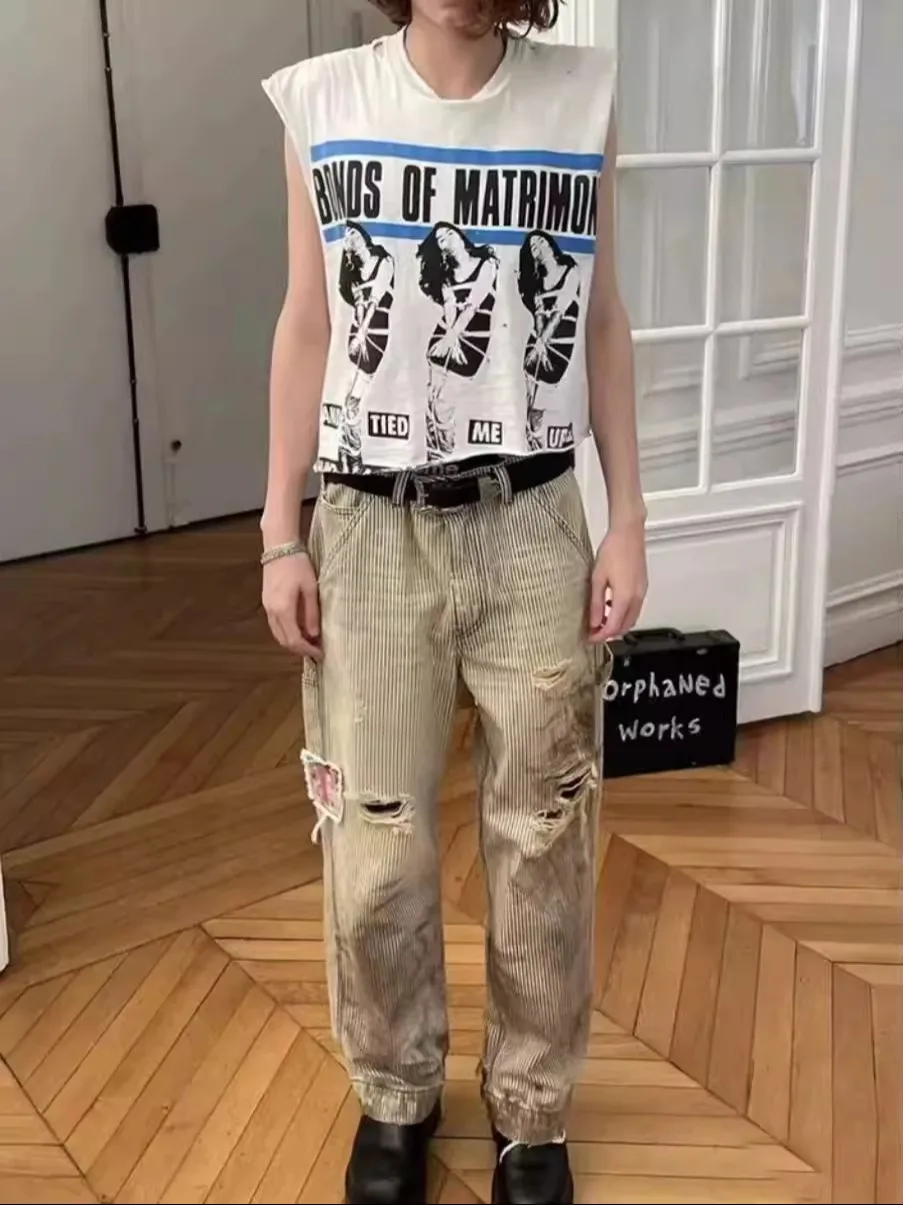 

Джинсы Distred Denim Utili в американском повседневном стиле, с эффектом грязи, пэчворк, прямой крой, для рабочих, свободный крой, молодежные