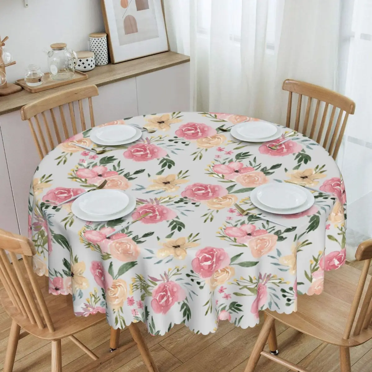 Custom Round Dusty Blooms Floral Tablecloth Waterproof Oil-Proof Table Covers 60 inch Table Cloth