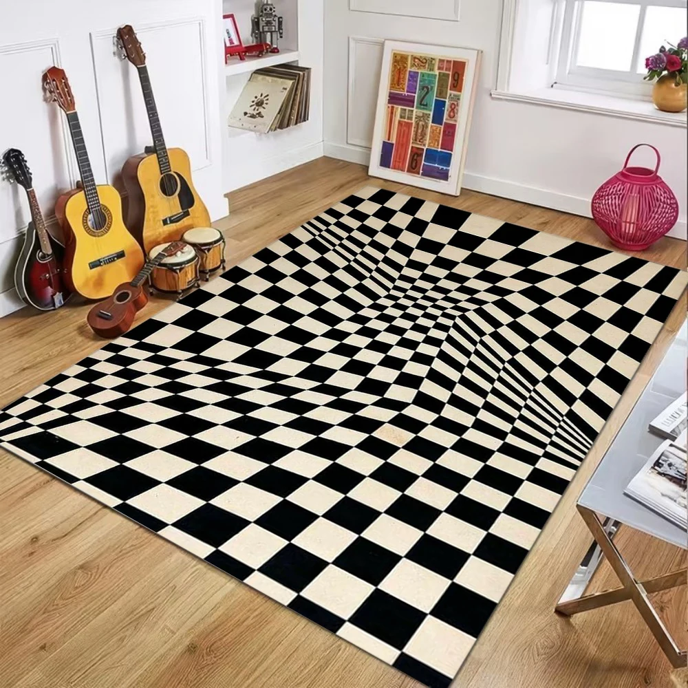 Optical Black White Checkerboard Carpet Creative Visual Effect Easy Clean Floor Mat for Living Room Game Room Home Decor
