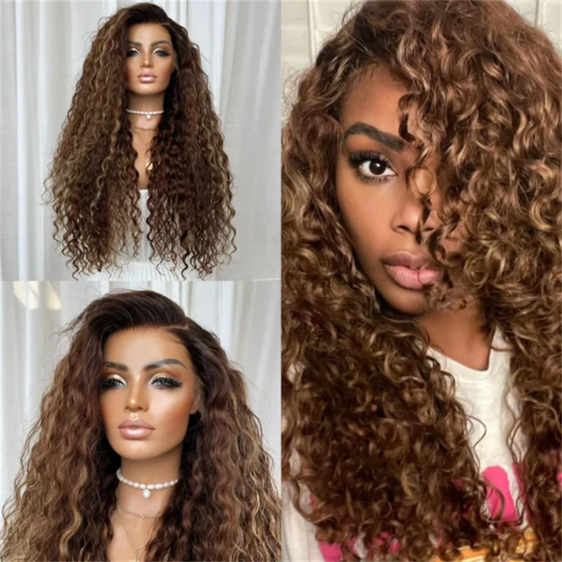 13x4 بني داكن مع خطوط شقراء العسل Balayage الاصطناعية HD الدانتيل شعر مستعار أمامي طويل عميق مجعد ألياف مقاومة للحرارة فراق عميق