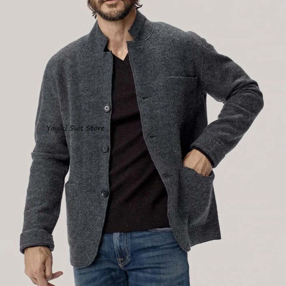 

Men's Social Coat Man Jackets High Quality Single-breasted Wool Fabric Fashion Suit Stand Collar Urban Blazers Casual Style