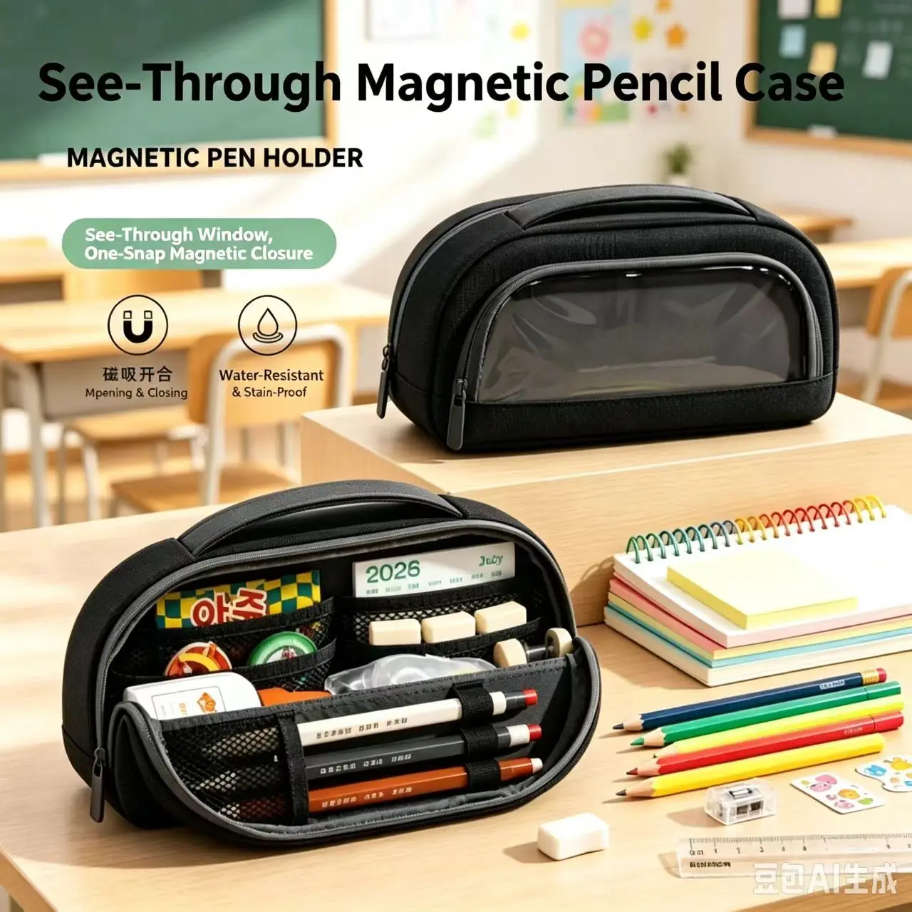 New Magnetic Attraction Student Stationery Storage Bag Large Capacity Portable Multi-Compartment Visible Organizer