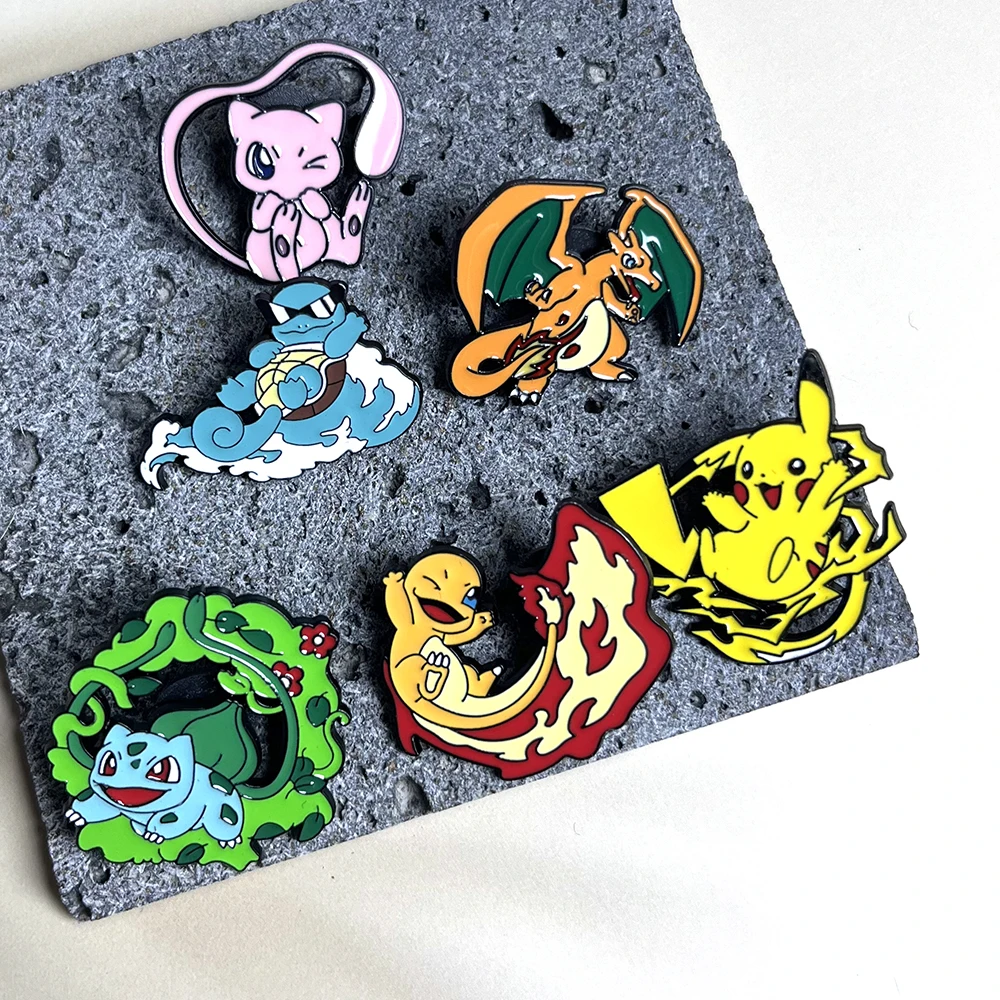 Conjunto de 6 Pins de Esmalte, Broches de Desenhos Animados Fofos Pikachu Charmander Bulbasaur Squirtle, Emblemas de Metal, Acessórios Colecionáveis