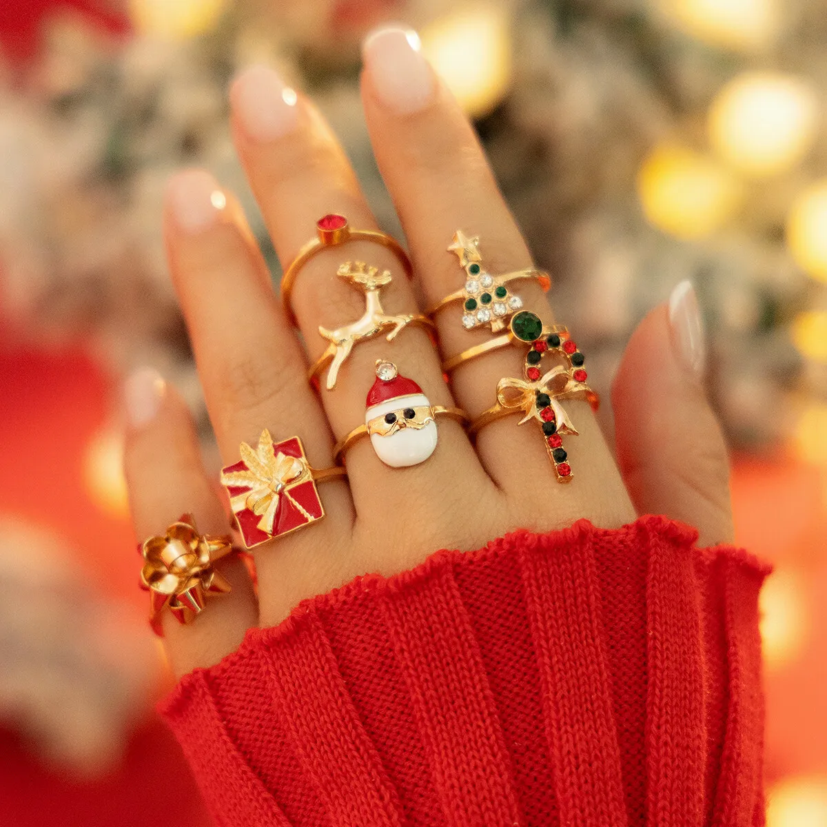 KunJoe 8pcs Cute Christmas Tree Snowman Elk Rings Set Women Creative Rhinestone Gold Color Finger Rings Jewelry Gift Accessories