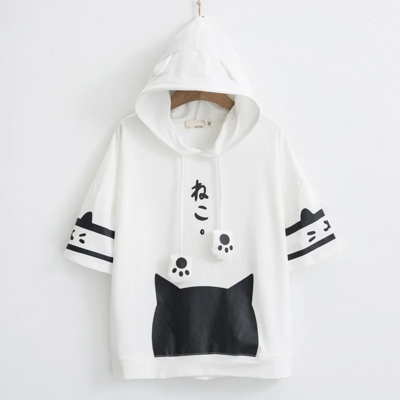 Mori Women Harajuku Kawaii Graphic T Shirt 2024 Summer Teen Girl Cat Ears Hooded T-shirt Short Sleeve Japanese Letter Print Top