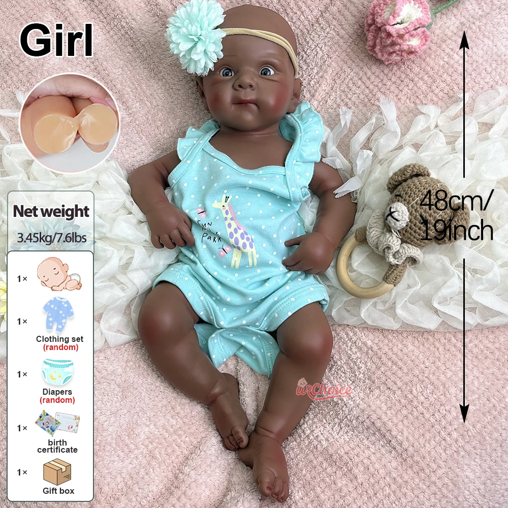 Betty 19" Dark Skin Full Silicone Reborn Baby Artificial Children Toy Natural Blush Gradient Newborn Doll for Birthday Gifts