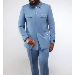 Sky Blue Single Breasted Men Suit Two Pieces(Jacket+Pants) Outfits Chic Casual Party Prom Wedding Set