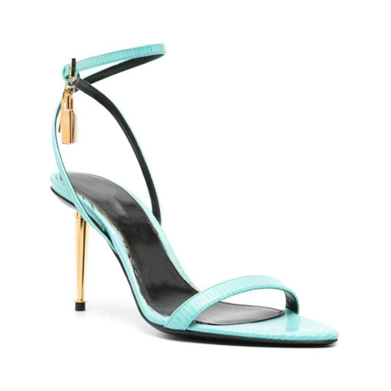 Buckle Strap Solid Color Key Lock Decoration Women Sandals Fashion Show Pointed Toe Ladies Shoes Golden Stiletto Sandals Women