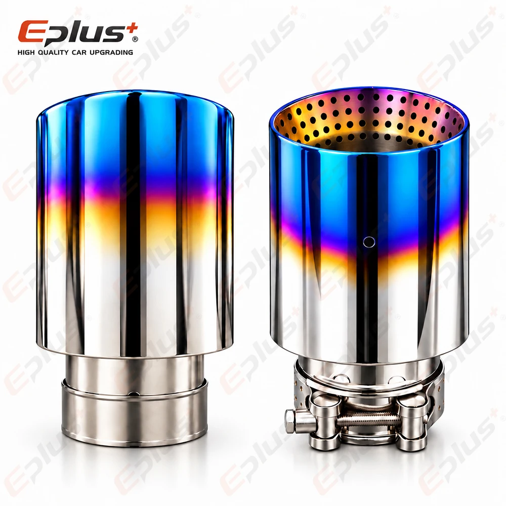 EPLUS Bevel Dilayer Perforate Car Muffler Tail Universal Burnt Blue Stainless Steel Exhaust Pipe Mufflers Tailpipe Nozzle