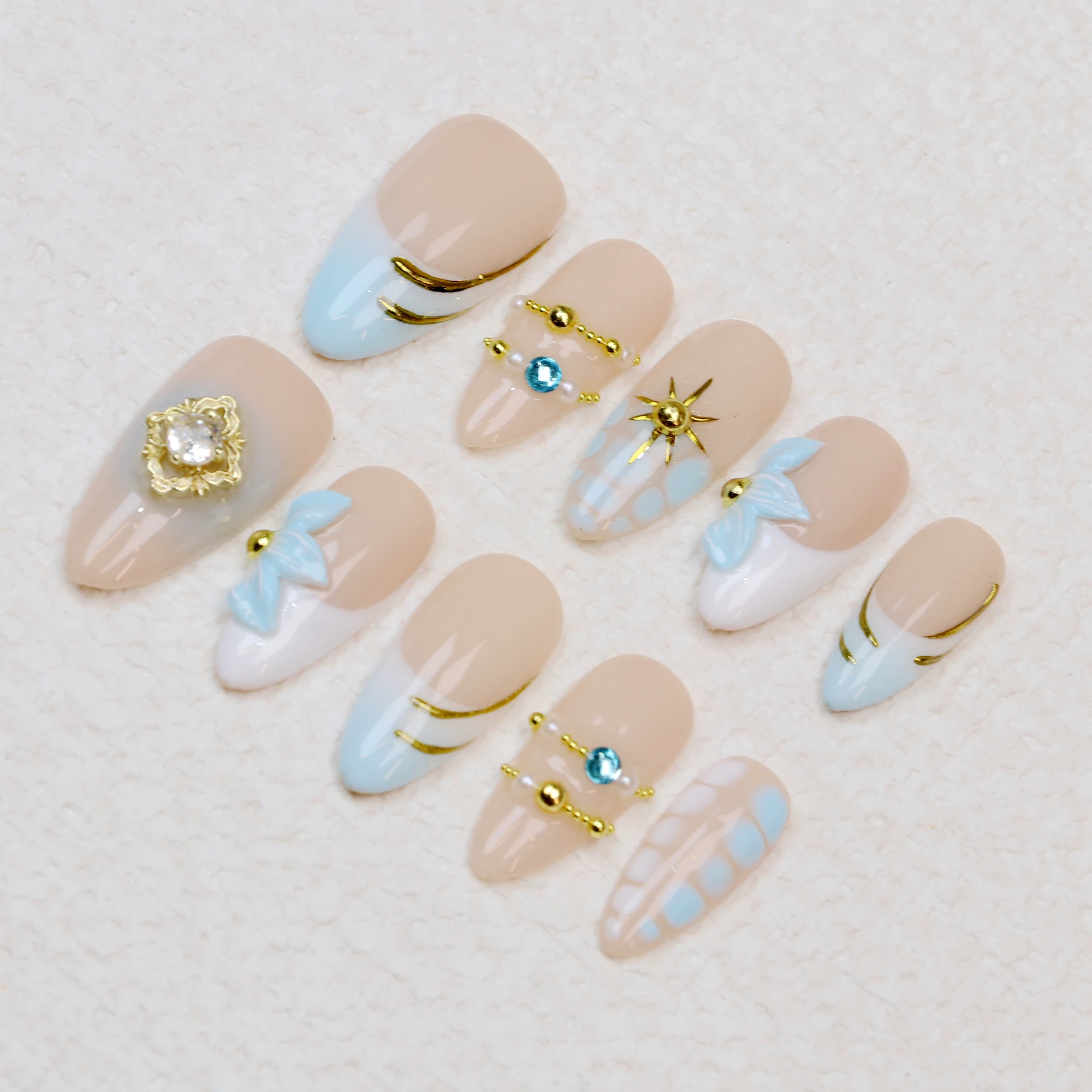 10Pcs 3D 꽃 중간 아몬드 Alegance 프레스 손톱, 사용자 정의 손으로 그린 ​​꽃 손톱, 접착제 네일 파일 세트와 Y2K 디자인