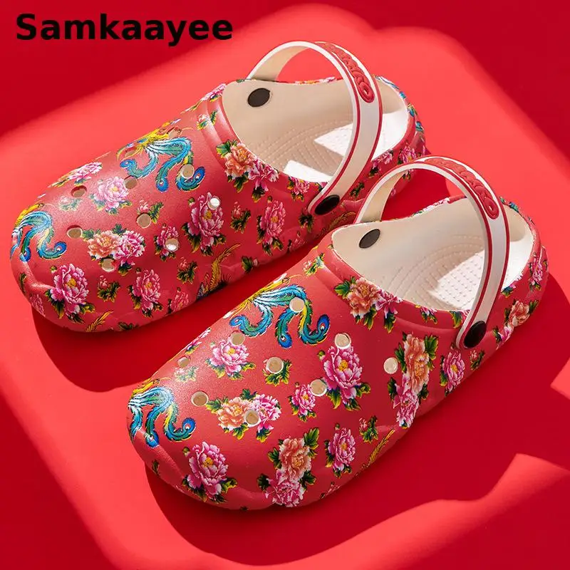 36-45 Women Sandals Summer Mules Clogs Female Slippers Print Garden Shoes Soft Bottom Breathable Chinese Style Red Beach Zapatos