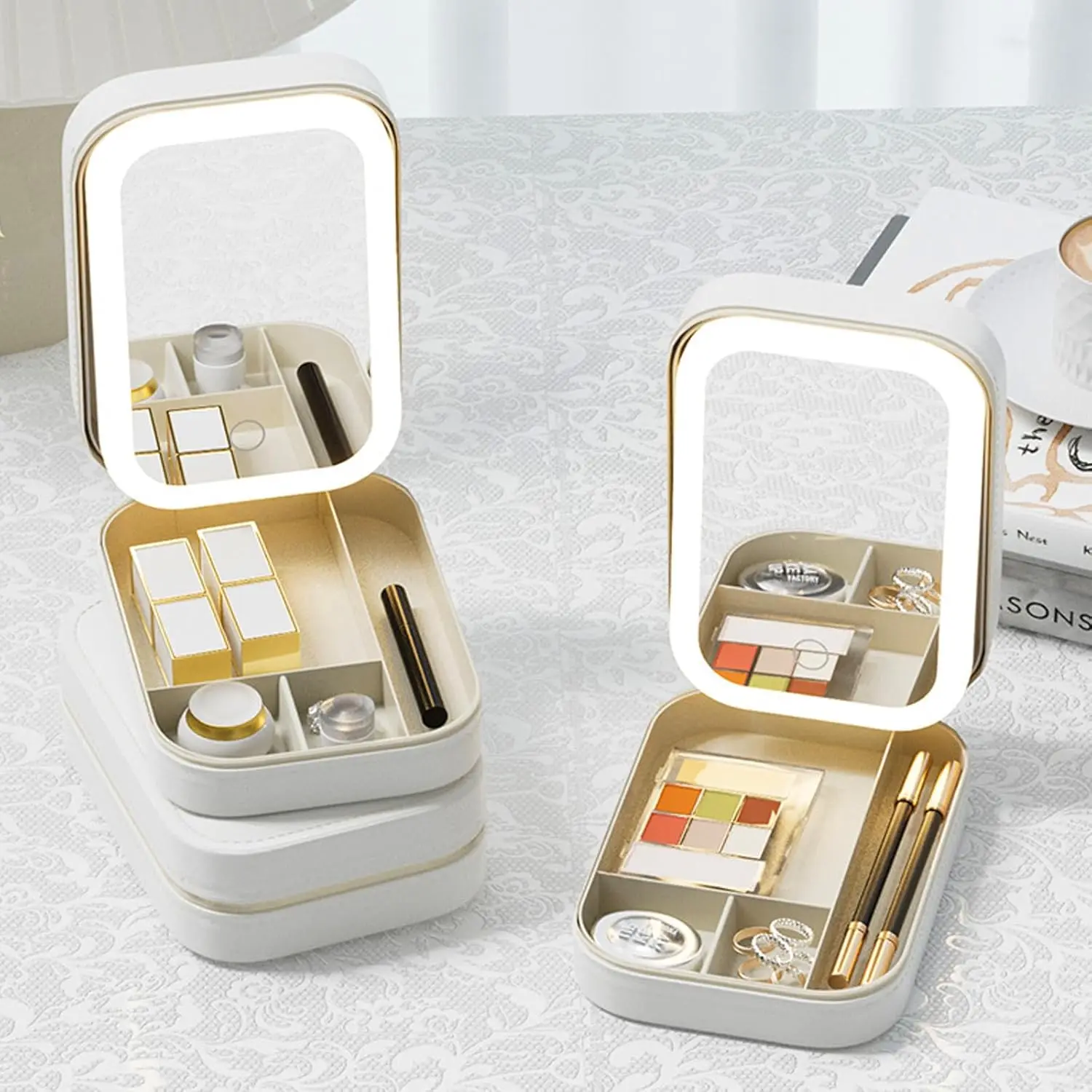 LED Three-Color Adjustable Makeup , Tri-Color Adjustable Vanity  with Jewelry Box, Rechargeable Lighted Compact Travel Makeup  (