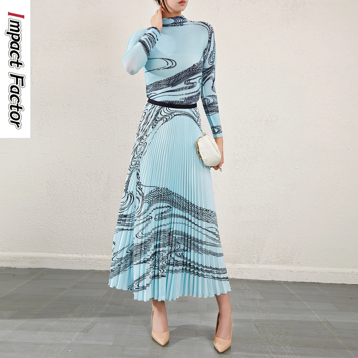 

Miyake Pleated Women's 2024 Spring/Summer Elegant Elegance Fashion Printing Curve Set Two Piece Women's Top Half Skirt Set