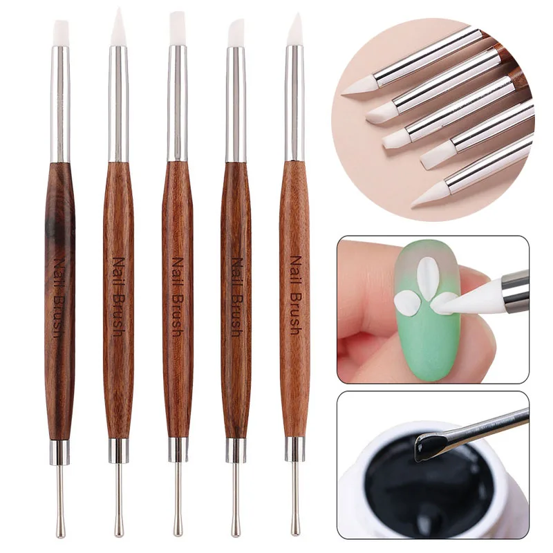 

Dual-Ended Nail Art Brush Silicone Spatula Brushes Sandalwood Nail Gel Mixing Pen Multi-function Dotting Nail Pen Manicure Tools