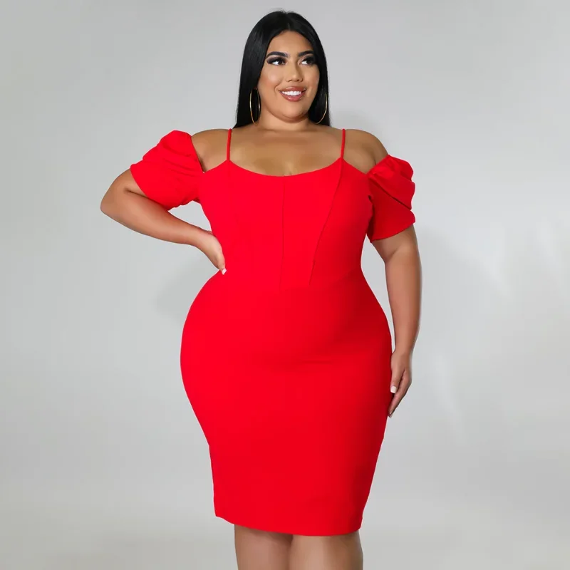 

KEXU Off The Shoulder Spaghetti Strap Sexy Bodycon Dress Plus Size Red Women Ruched Short Sleeve Party Club Sheath Mini Dresses