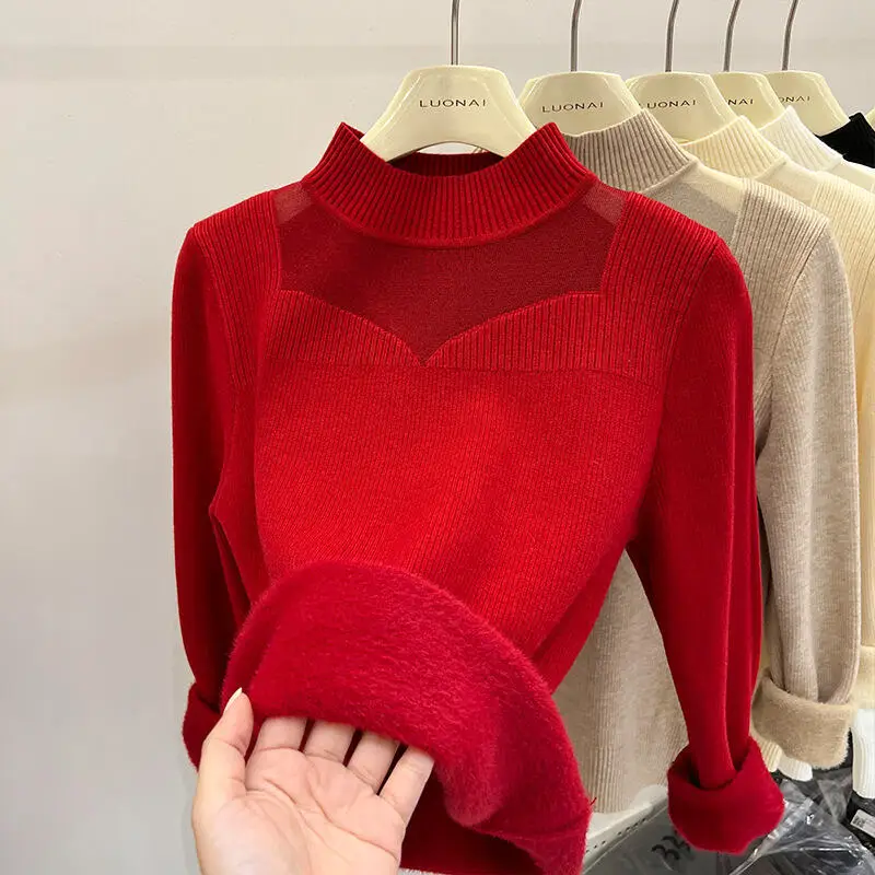 فتاة سترة مبطنة بالصوف الخريف الشتاء وهمية الرقبة قاعدة طبقة جديدة الحد الأدنى البلوز القمم الدفء الذاتي زراعة الملابس الداخلية