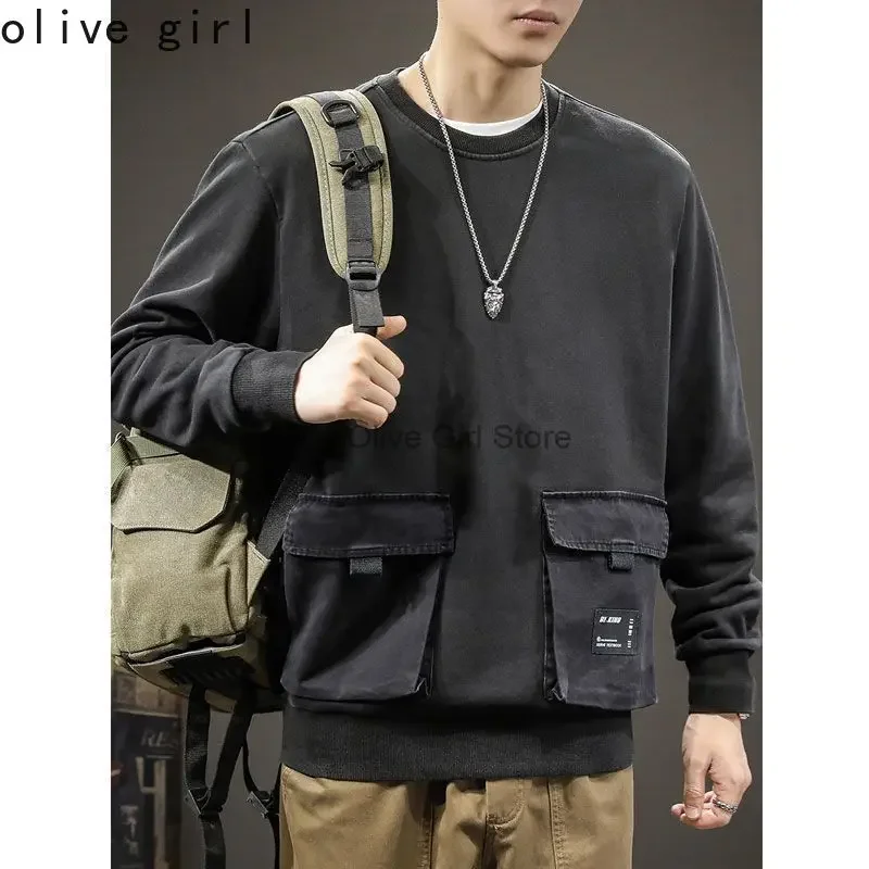 Multi Pocket Hoodie Men's Loose Oversized Casual Workwear Cotton Jacket Men's Spring Autumn Fashion Functional Round Neck Retro