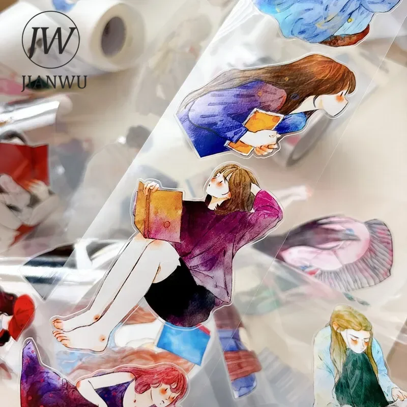 jianwu-60mm-10m-cute-girl-character-reading-book-landscape-material-collage-scrapbooking-pet-tape-creative-journal-stationery