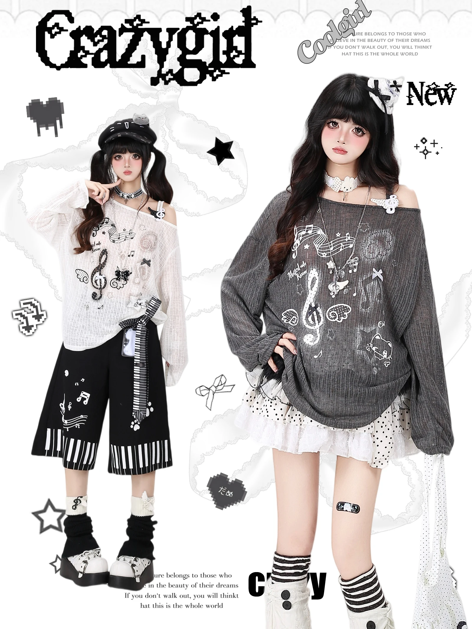 Crazygirl Y2K Note Star Off-Shoulder Strap Design Loose Thin Long Sleeve T-Shirt Women's Cover up Casual Style Printed Loose Fit