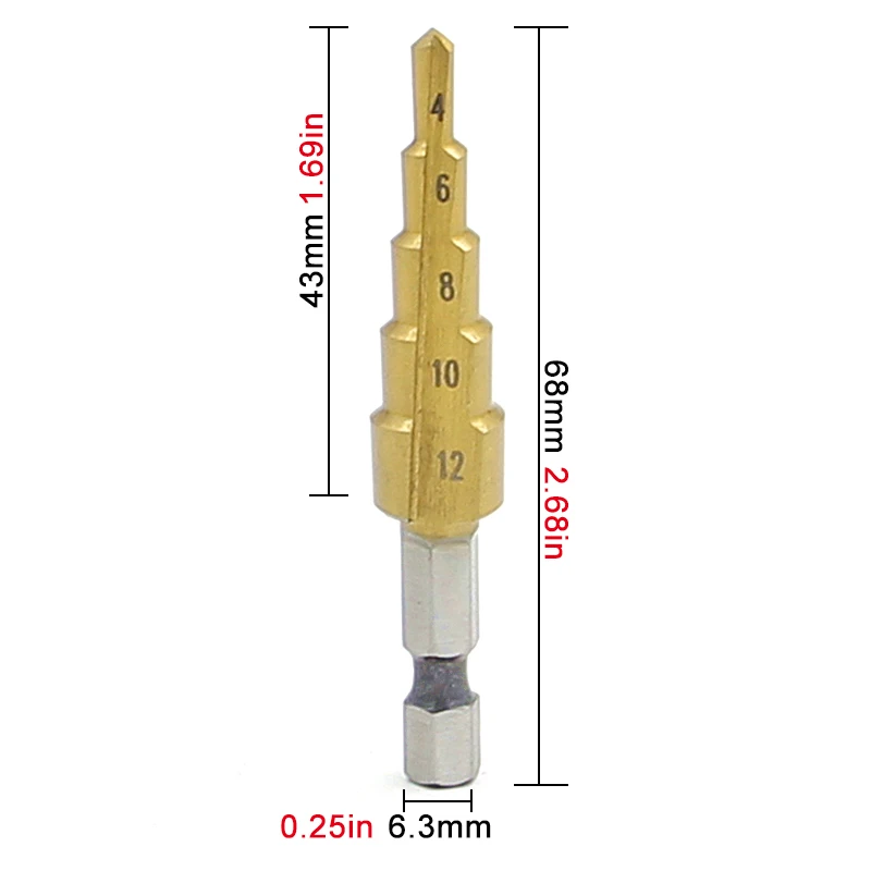 HSS 5 단계 드릴 티타늄 금속 드릴, 직선 홈 전동 공구, 1/4 인치 삼각형 핸들, 도매 가격, 4mm-12mm, 신제품