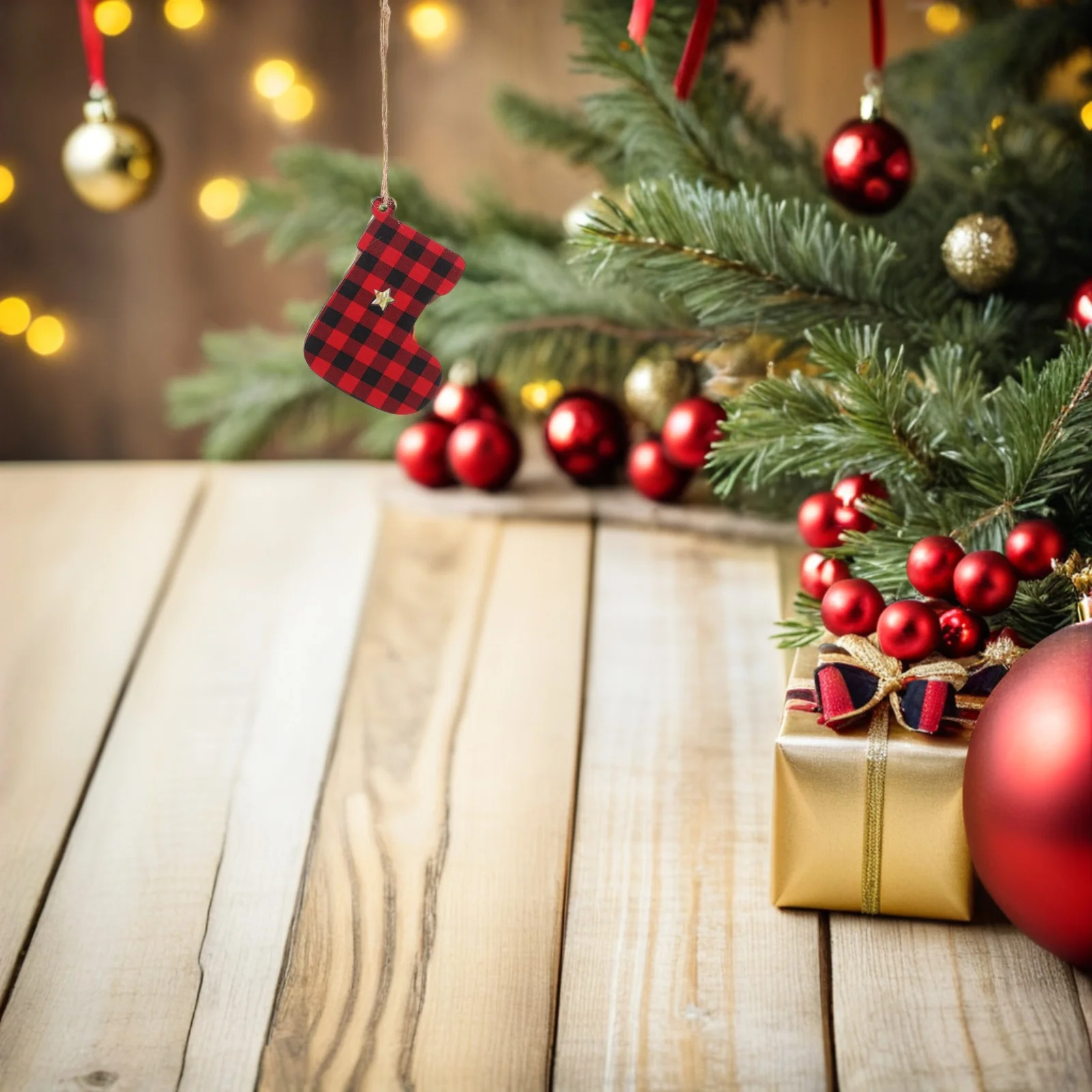 

20Pcs Christmas Wooden Stocking Cutouts Buffalo Plaid Hanging Ornaments Rustic Xmas Tree Decorations Indoor Outdoor