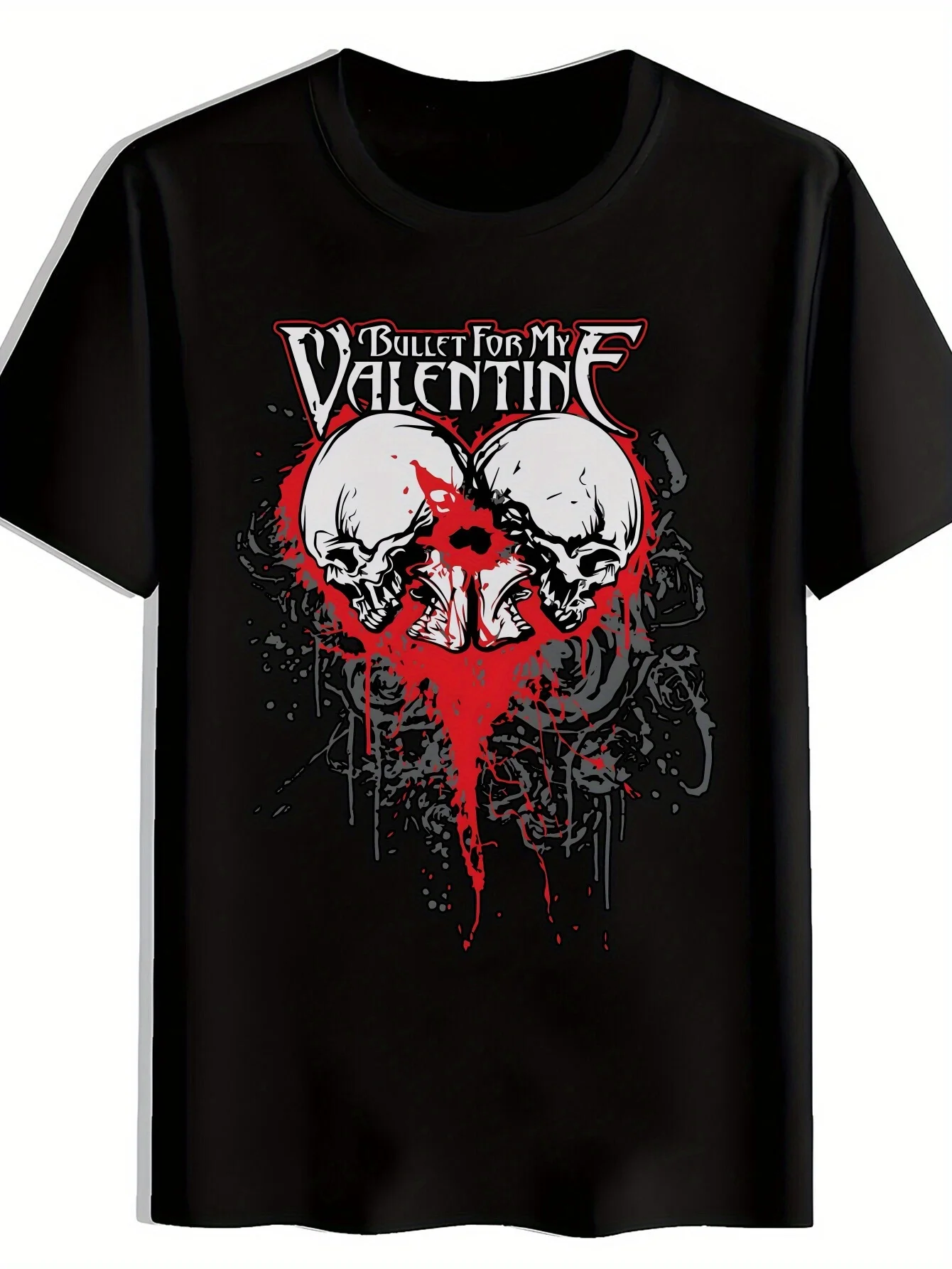 

Sleeve Crew Neck Tee with Bold Red Heart & Skull Design, Casual Summer Rock Music Shirt, Everyday Clothing, Band Merchandise