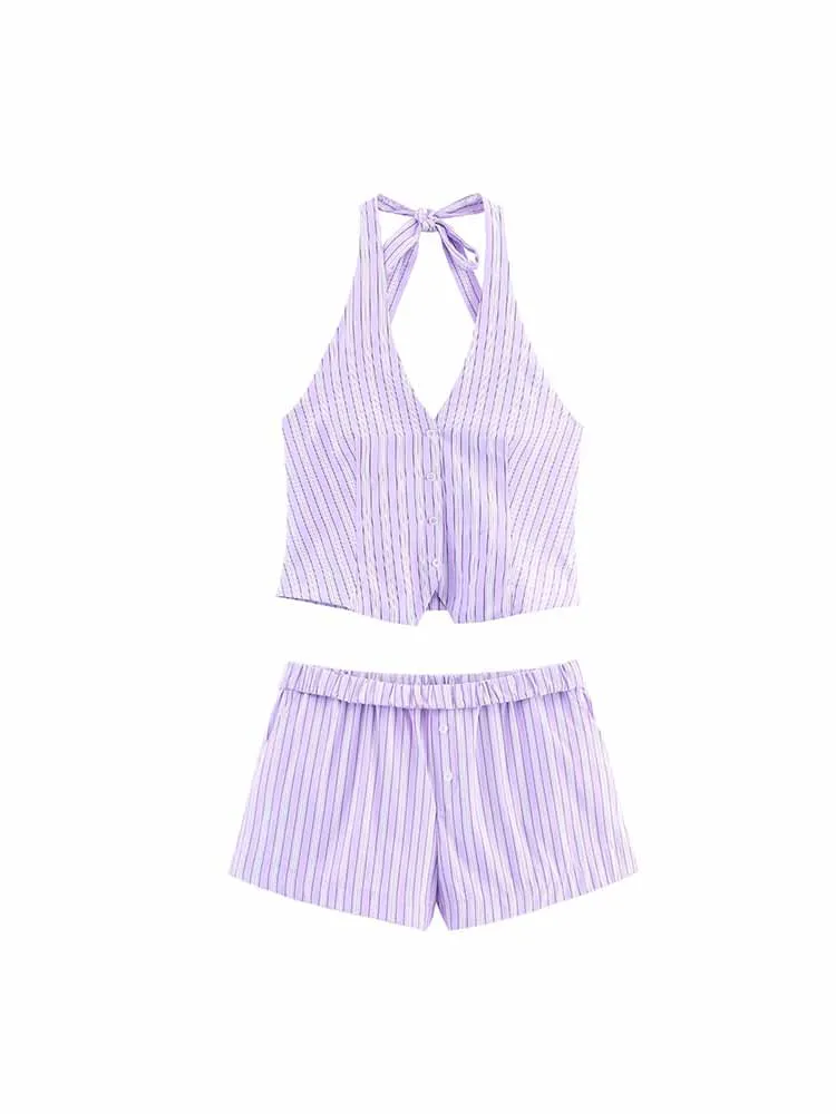 

TRAF European and American style summer new fashion trend women's striped vest top curled waist mini shorts suit