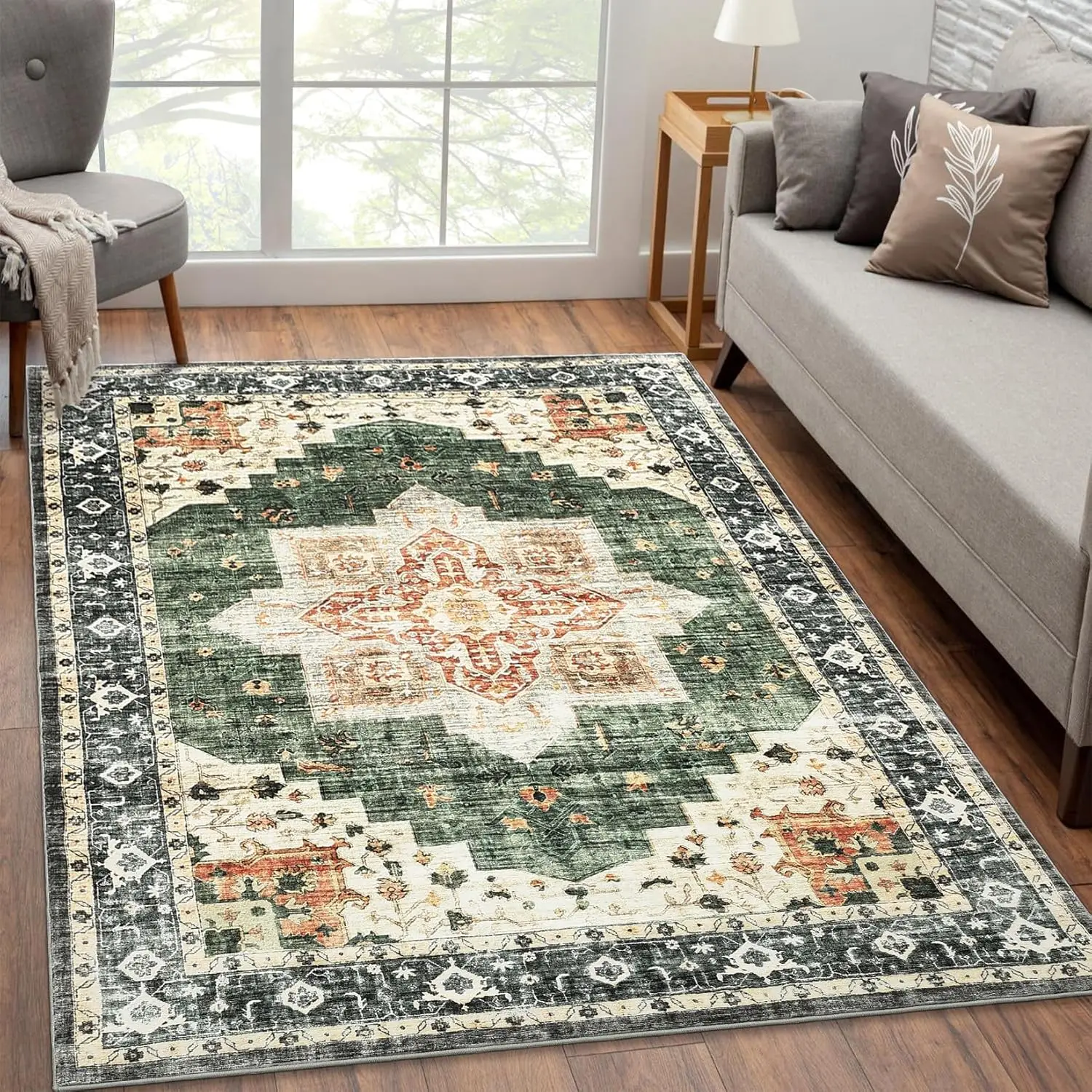 

Vintage Rug Non Slip Living Room Washable Accent Mat Distressed Floor Carpet Indoor Floor Cover Lightweight Rug for Bedroom