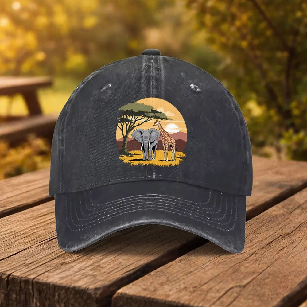 African Elephant and Giraffe Print Baseball Cap, Unisex Fashion Duckbill Cap, Suitable for Outdoor Sports, Fitness, Travel, and